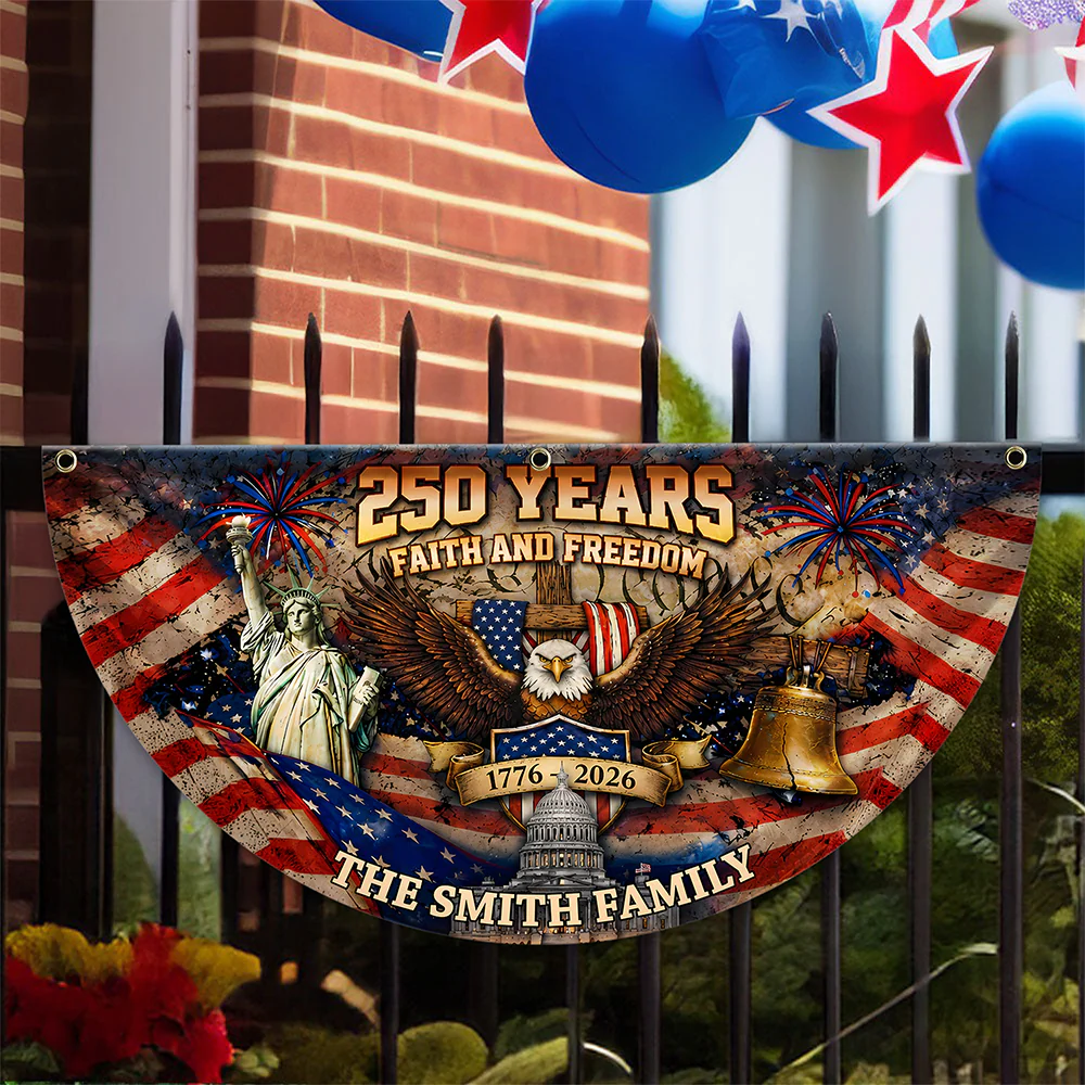 Custom Family Name 250 Years Faith and Freedom 1776–2026 Eagle Non-Pleated Fan Flag LM32 669175 - Image 2