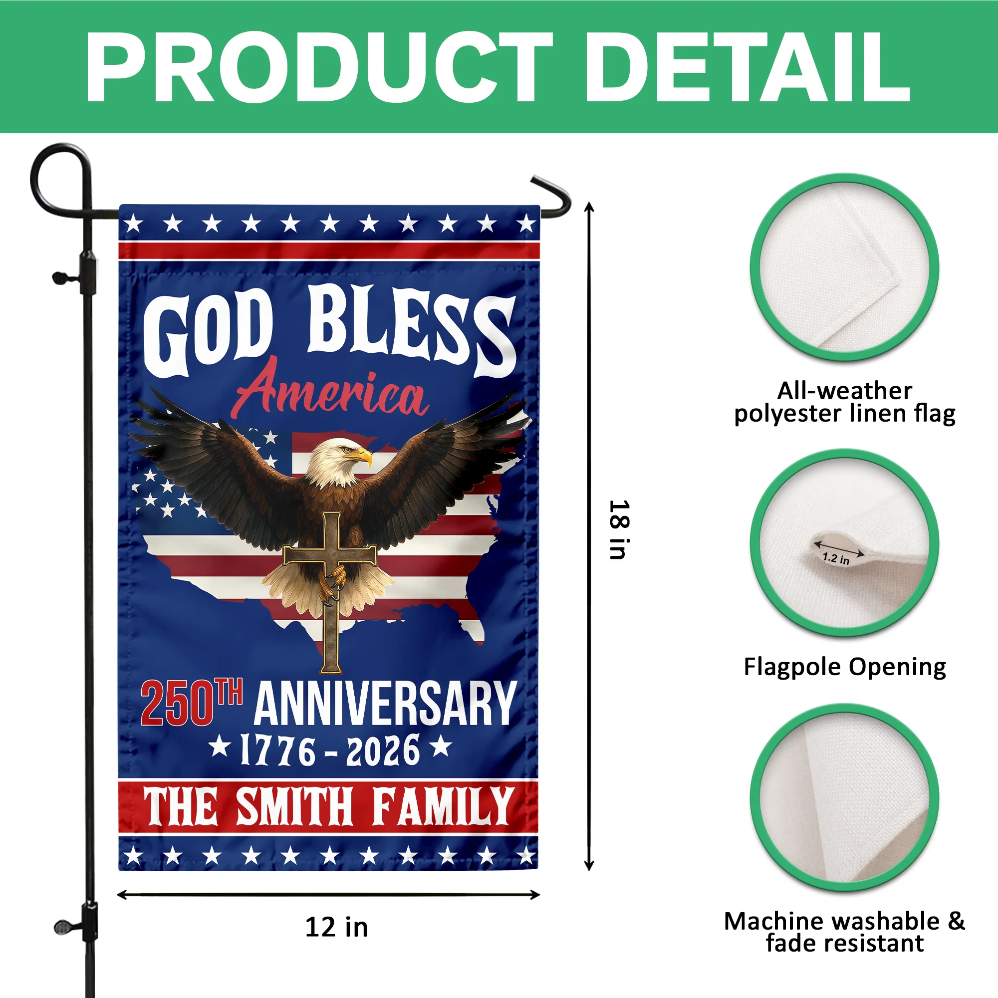 Custom Family Name 250th Anniversary God Bless America Christian Patriotic Garden Flag HO82 901882 - Image 8