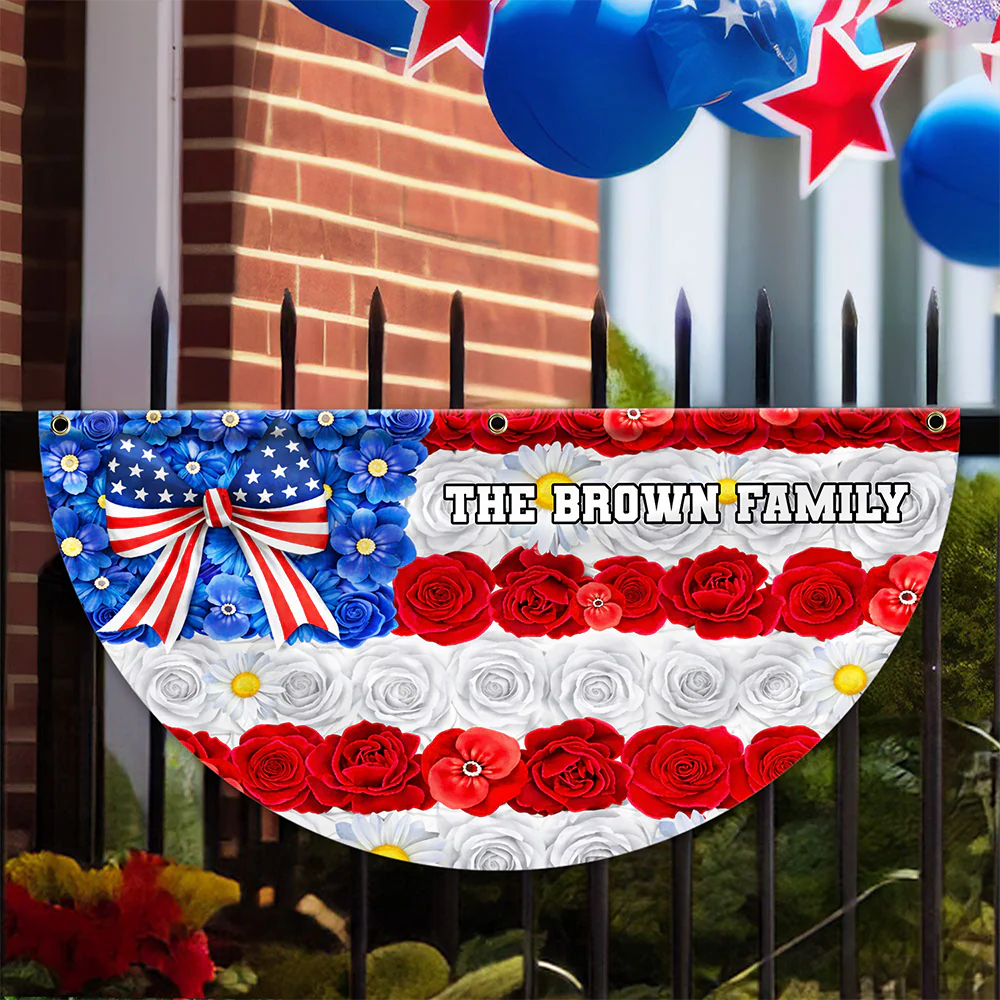 Custom Family Name Red White Blue Floral USA Independence Day Non-Pleated Fan Flag TH10 898893 - Image 5