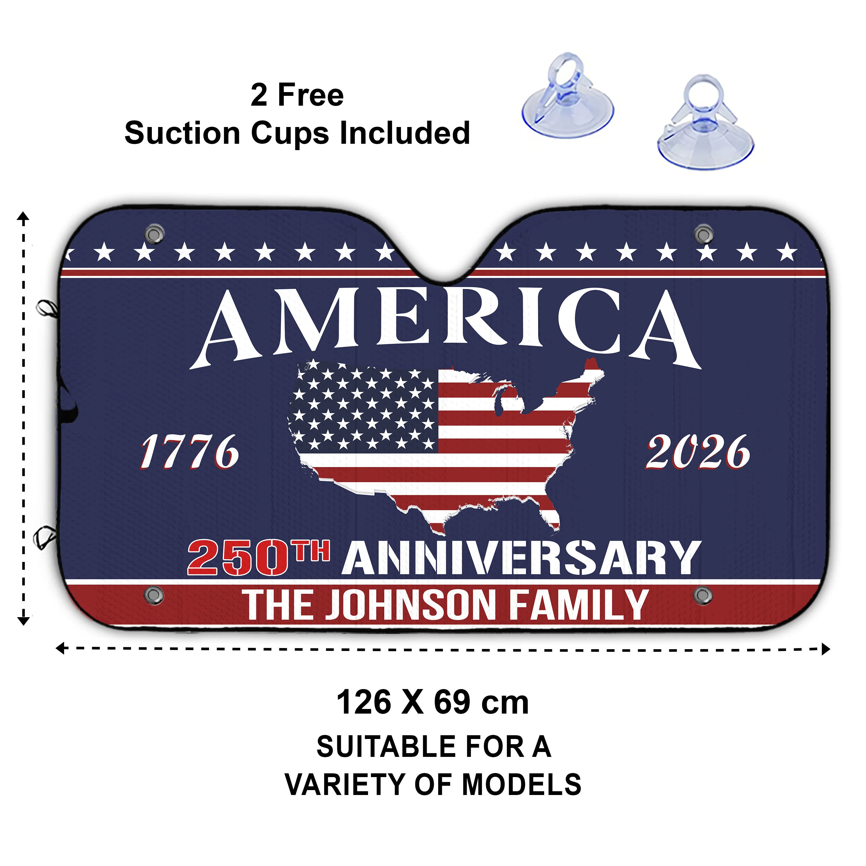 Custom Family Name US 250 Years Anniversary 1776-2026 America Flag Car Sunshade LM32 897763 - Image 2