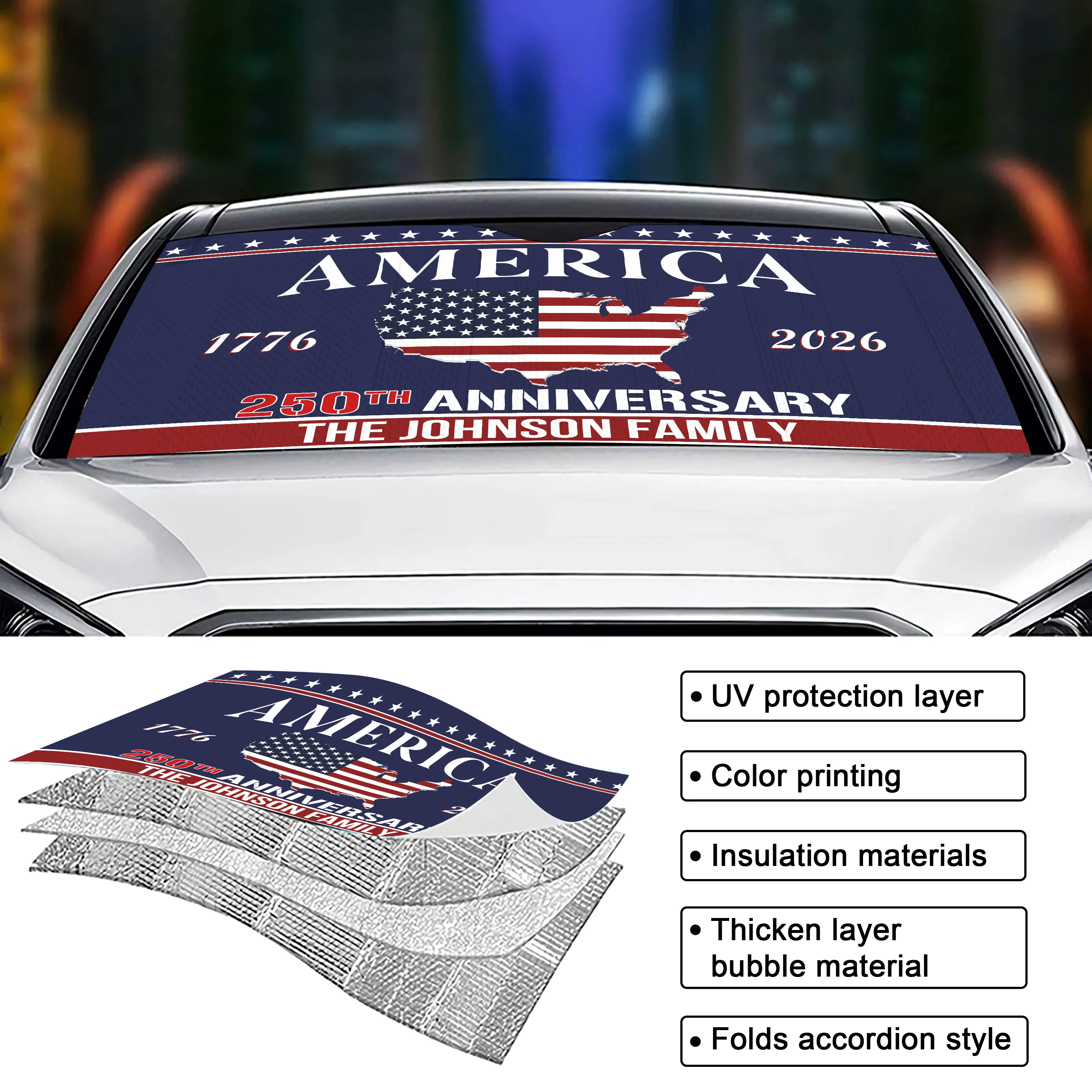 Custom Family Name US 250 Years Anniversary 1776-2026 America Flag Car Sunshade LM32 897763 - Image 3
