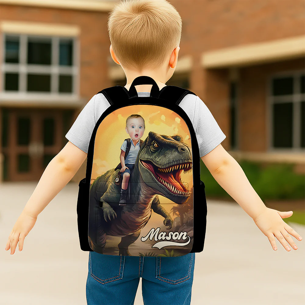 Custom Kid Photo Little Boy Riding Dinosaur Personalized Backpack HA75 921680 - Image 4