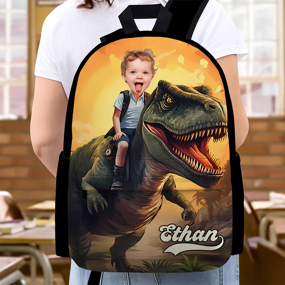 Custom Kid Photo Little Boy Riding Dinosaur Personalized Backpack HA75 921680 - Image 5