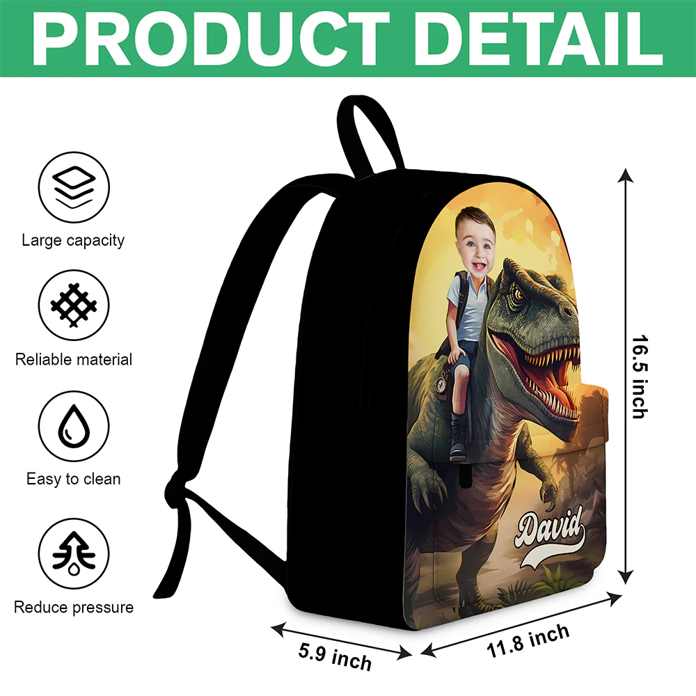 Custom Kid Photo Little Boy Riding Dinosaur Personalized Backpack HA75 921680 - Image 6