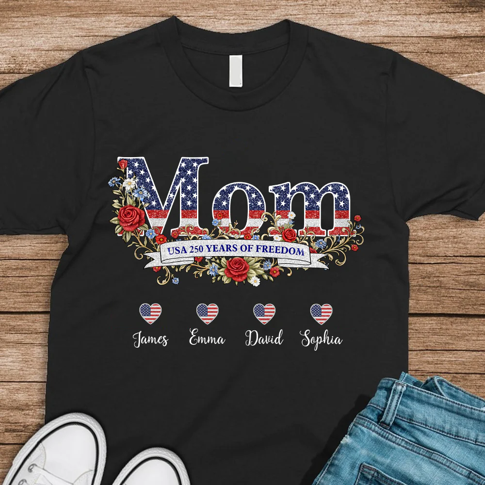 Custom Kids Names Mom USA 250 Years of Freedom 1776–2026 Patriotic Floral Dark Shirt Gift for Mom CH07 911040 - Image 4