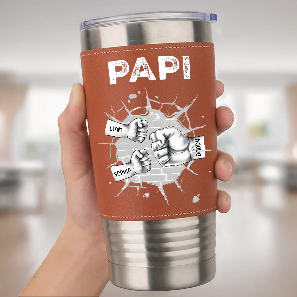 Custom Kids Names Papa Fist Bump Leather Tumbler - Personalized Gift for Dad And Grandpa HO82 902614 - Image 2