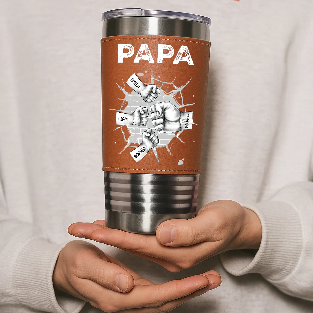 Custom Kids Names Papa Fist Bump Leather Tumbler - Personalized Gift for Dad And Grandpa HO82 902614 - Image 3