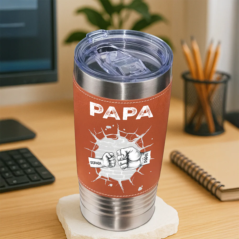 Custom Kids Names Papa Fist Bump Leather Tumbler - Personalized Gift for Dad And Grandpa HO82 902614 - Image 4