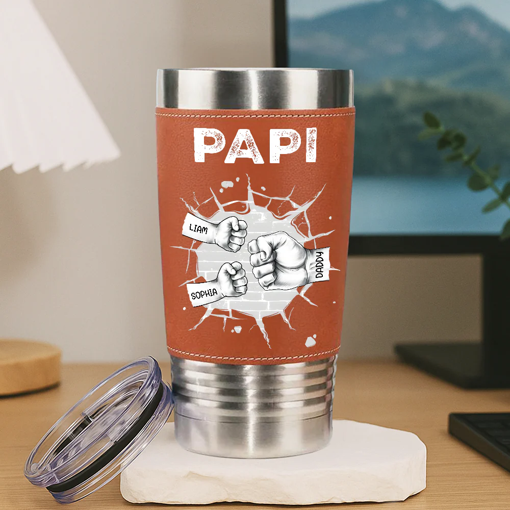 Custom Kids Names Papa Fist Bump Leather Tumbler - Personalized Gift for Dad And Grandpa HO82 902614 - Image 5