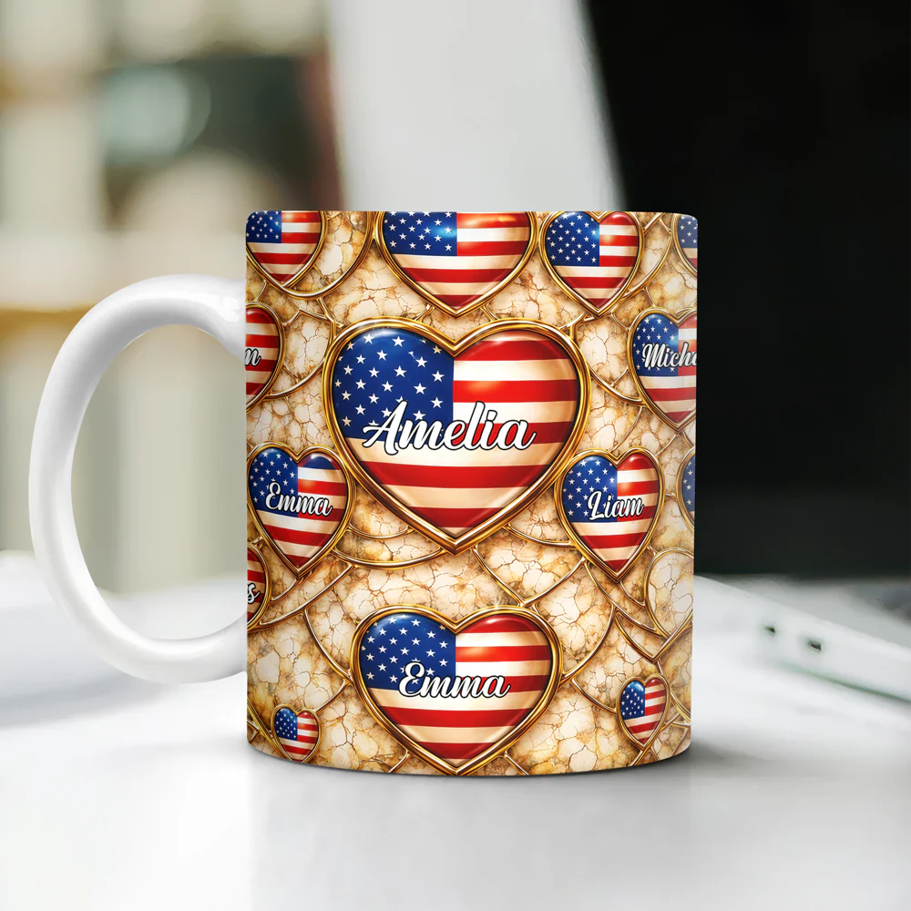 Custom Name American Flag Heart 3D Effect Coffee Mug, Personalized Patriotic Gift TH10 169347 - Image 2
