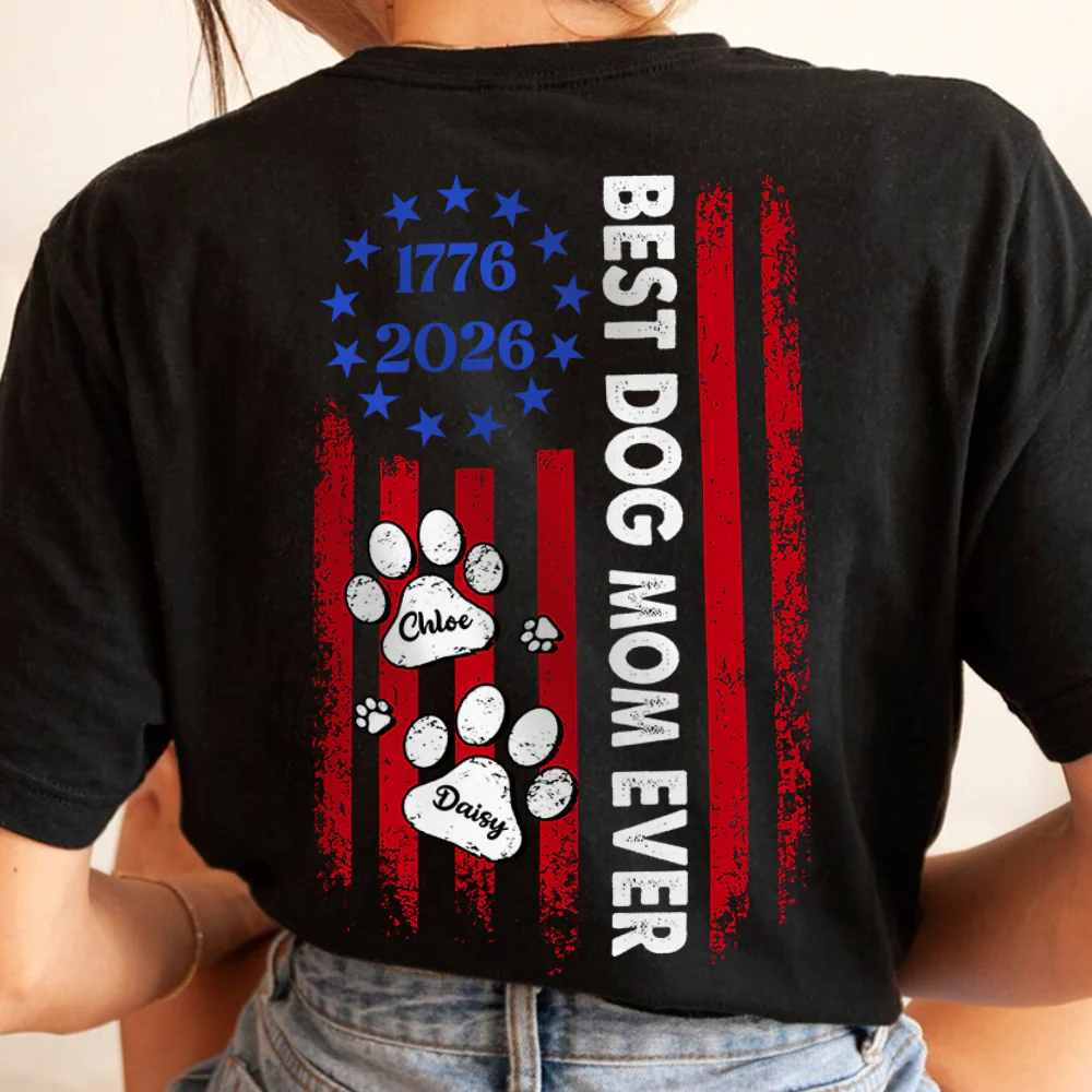 Custom Name Best Dog Mom, Dog Dad Ever Paw American Flag Back Shirt LM32 899517 - Image 2