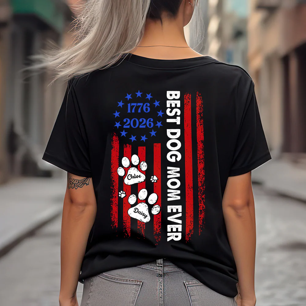 Custom Name Best Dog Mom, Dog Dad Ever Paw American Flag Back Shirt LM32 899517 - Image 4