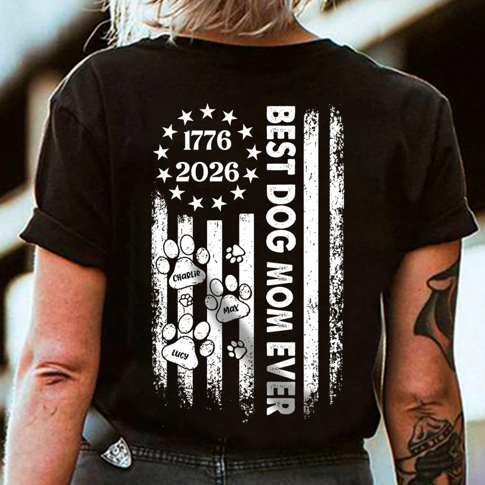 Custom Name Best Dog Mom, Dog Dad Ever Paw American Flag Back Shirt LM32 899517 - Image 5