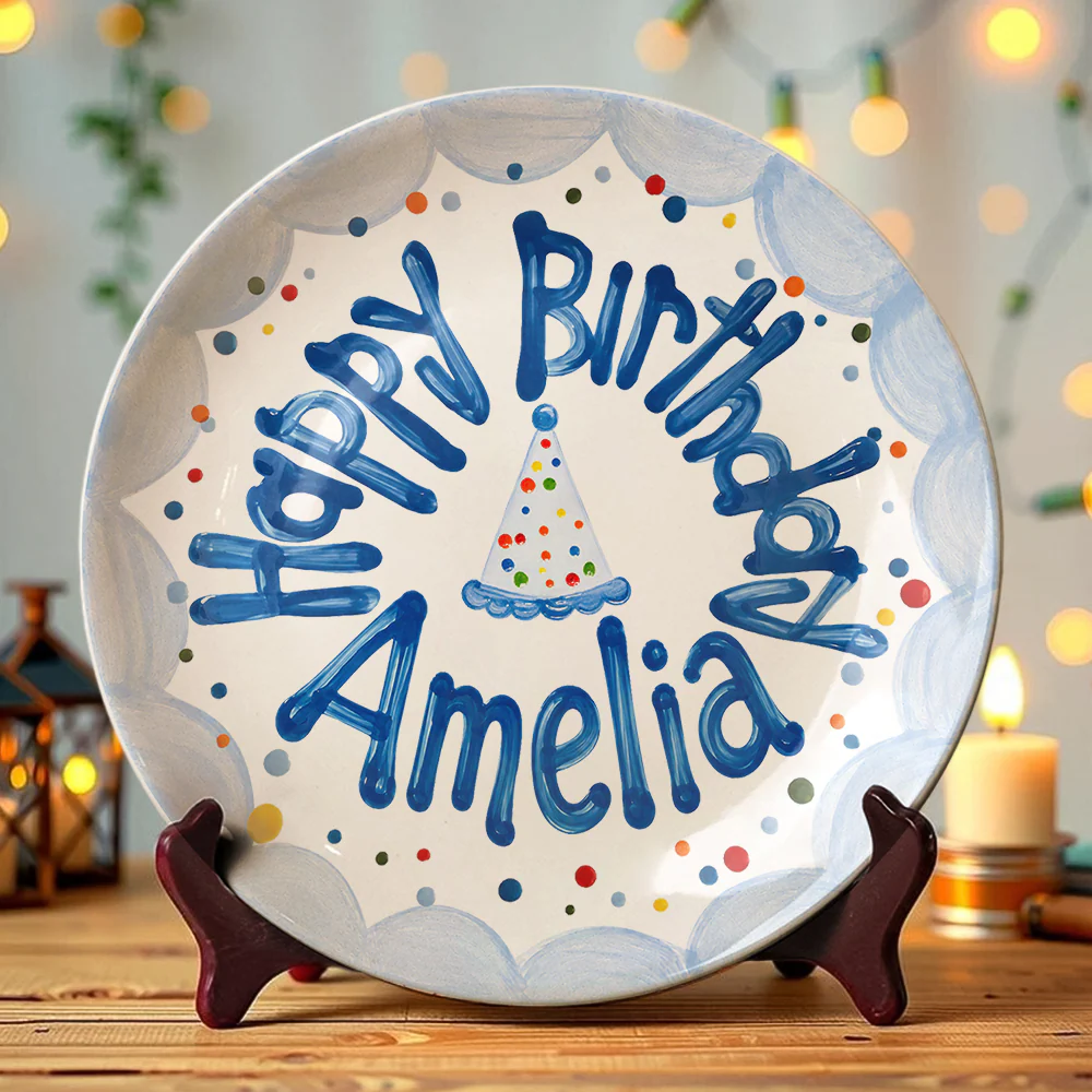Custom Name Birthday Party Hat & Confetti Ceramic Plate – Personalized Birthday Gift LM32 669409