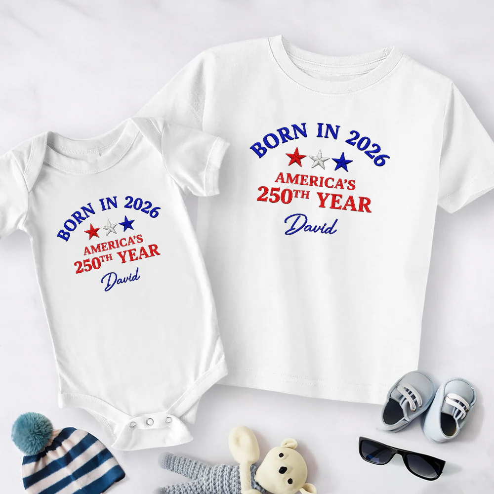 Custom Name Born in 2026 America’s 250th Year Embroidered Effect Baby Onesie LM32 669207