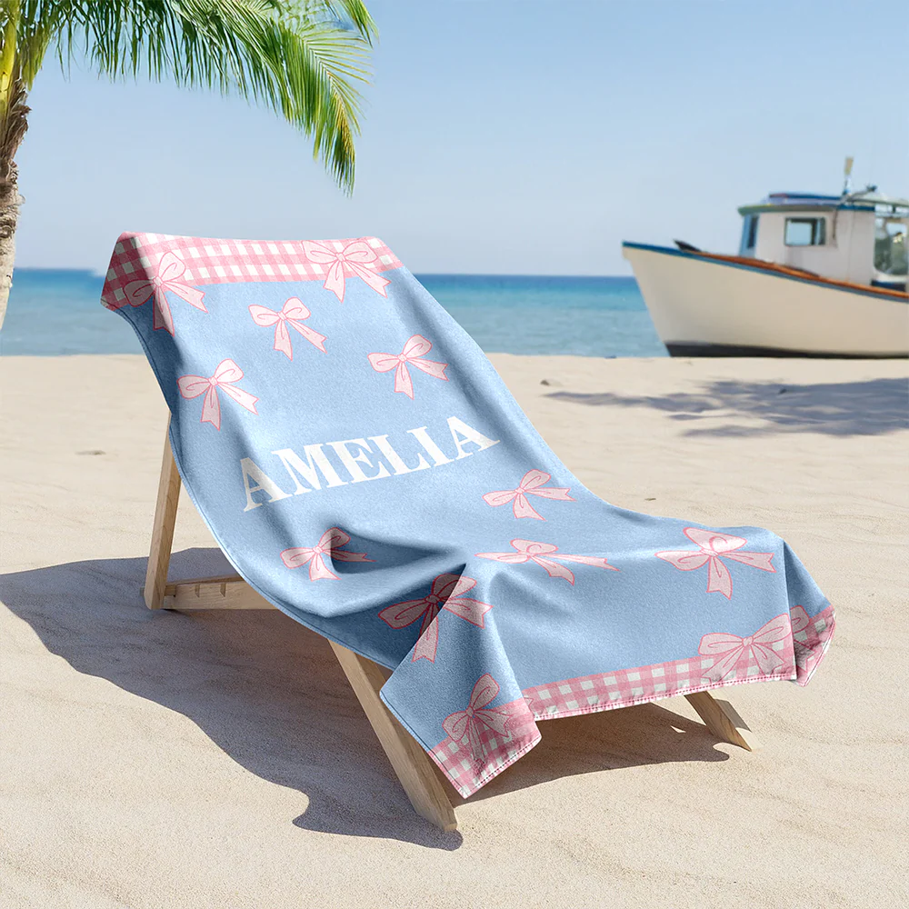 Custom Name Bows and Gingham Border Beach Towel - Personalized Summer Gift for Girls LM32 899663 - Image 3