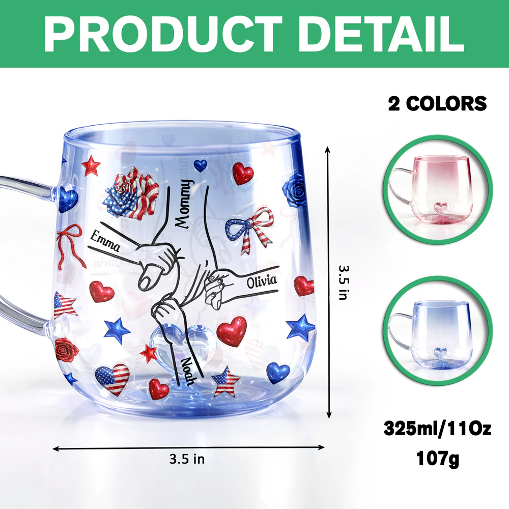 Custom Name Forever Connected, Hand in Hand American Flag Gradient Glass Mug, Personalized Mother’s Day Gift for Mom HO82 902074 - Image 7