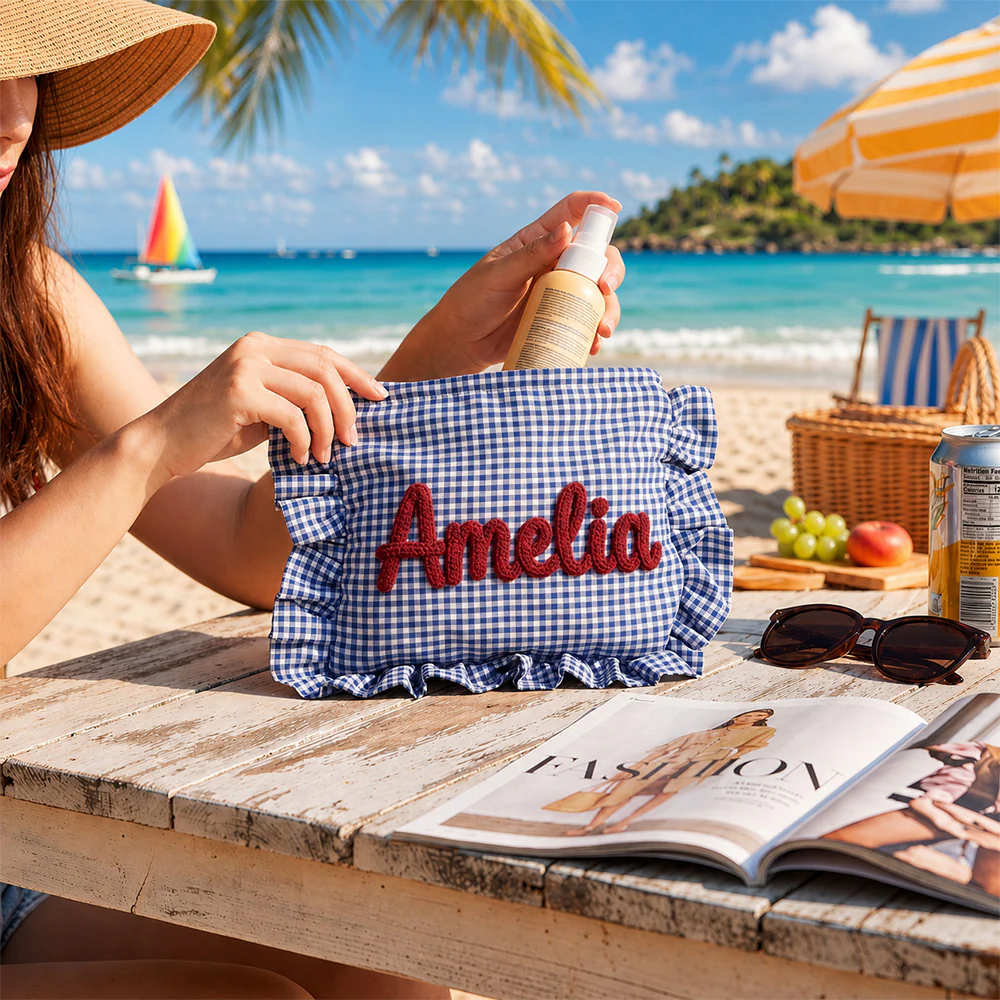 Custom Name Gingham Ruffle Cosmetic Bag - Personalized Gift for Her CH07 180034 - Image 2
