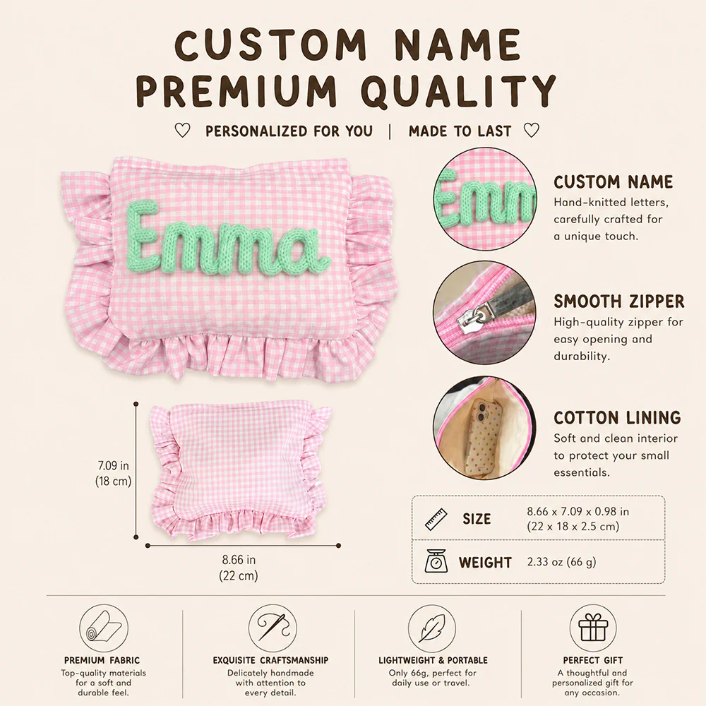 Custom Name Gingham Ruffle Cosmetic Bag - Personalized Gift for Her CH07 180034 - Image 6