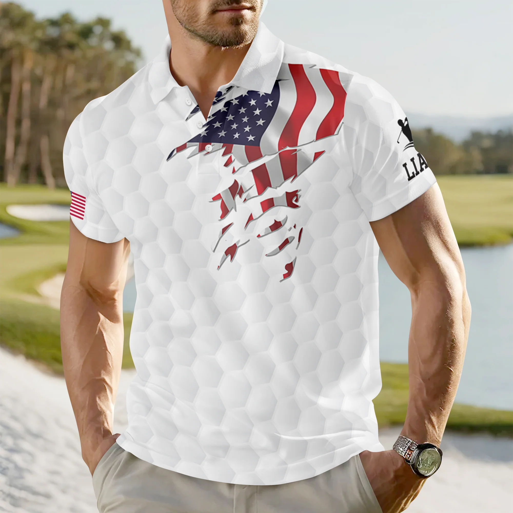 Custom Name Golf Ball Pattern American Flag Polo Shirt, Personalized USA Patriotic Golf Shirt Gift for Men HA75 898578 - Image 2