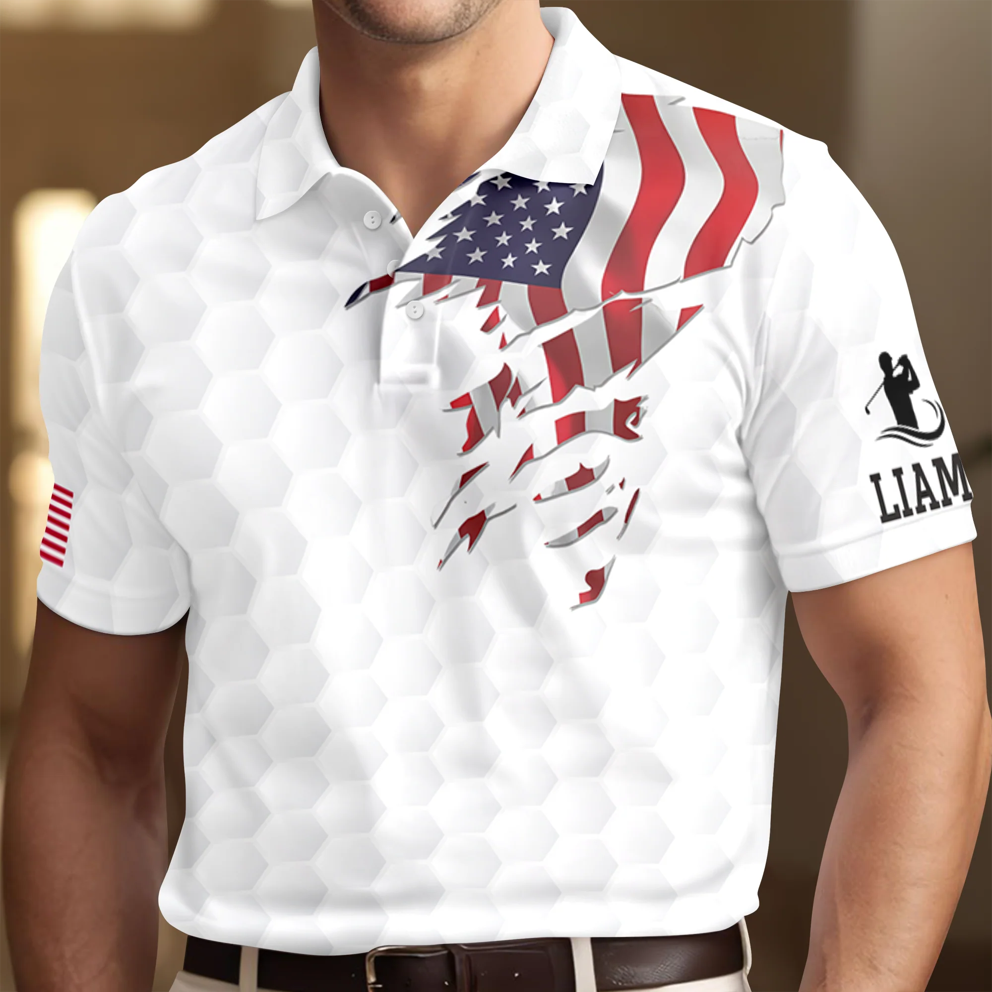Custom Name Golf Ball Pattern American Flag Polo Shirt, Personalized USA Patriotic Golf Shirt Gift for Men HA75 898578 - Image 3