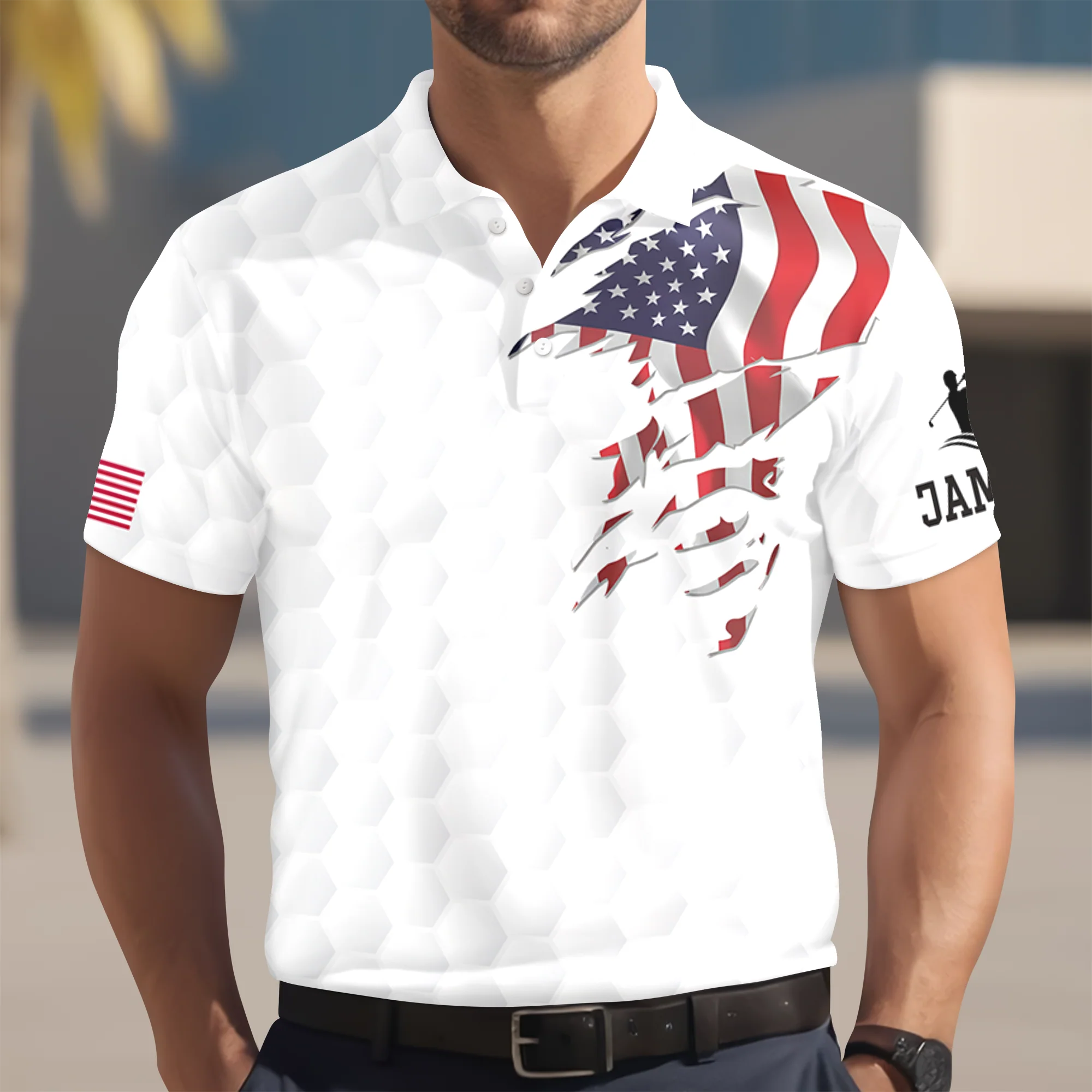 Custom Name Golf Ball Pattern American Flag Polo Shirt, Personalized USA Patriotic Golf Shirt Gift for Men HA75 898578 - Image 4