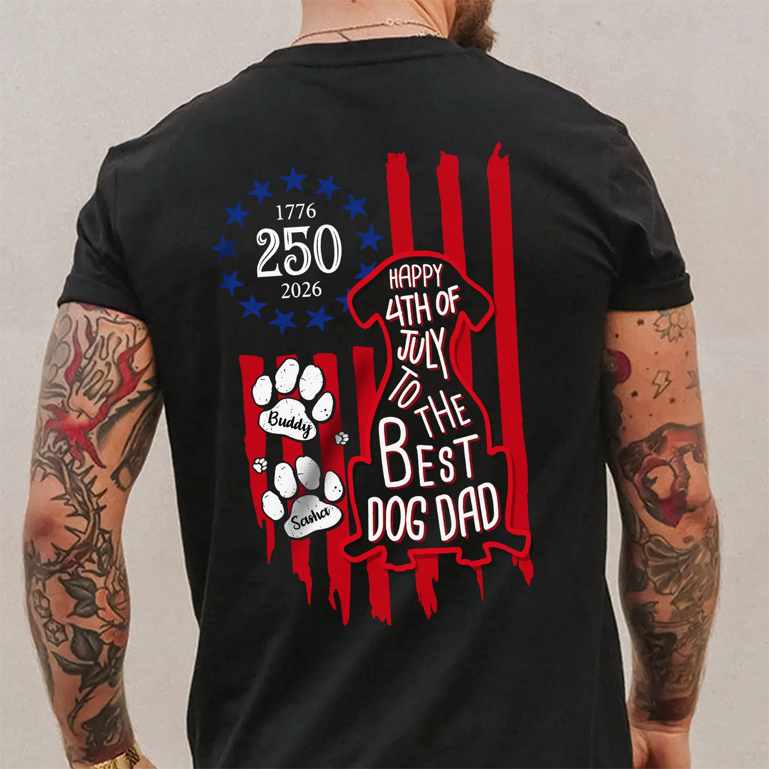 Custom Name Happy 250th Birthday To Best Dog Dad Dog Mom America Flag Back Dog Shirt CH07 911890 - Image 4