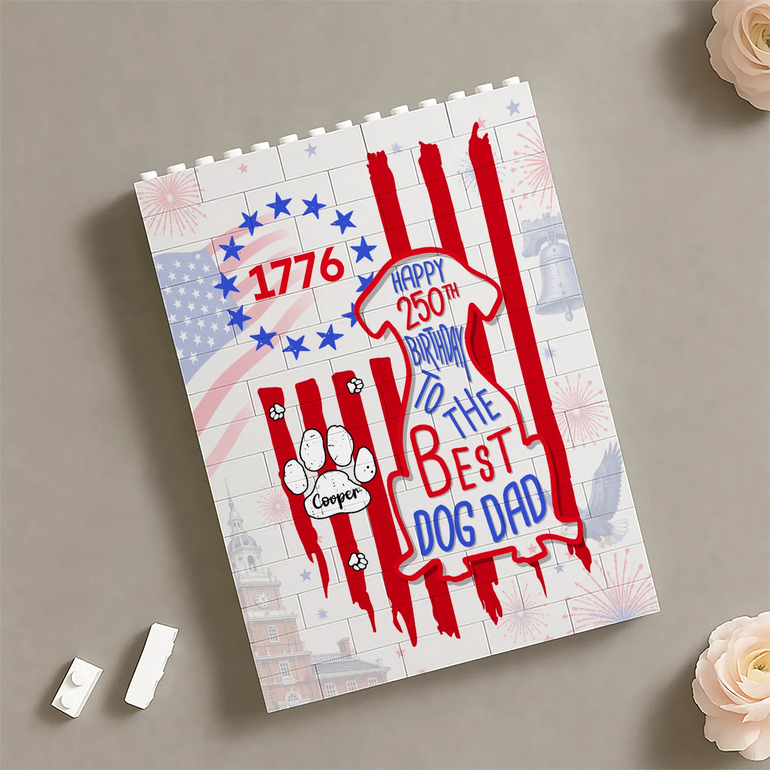 Custom Name Happy 250th Birthday To Best Dog Dad Dog Mom America Flag Building Brick Block LM32 669329 - Image 2