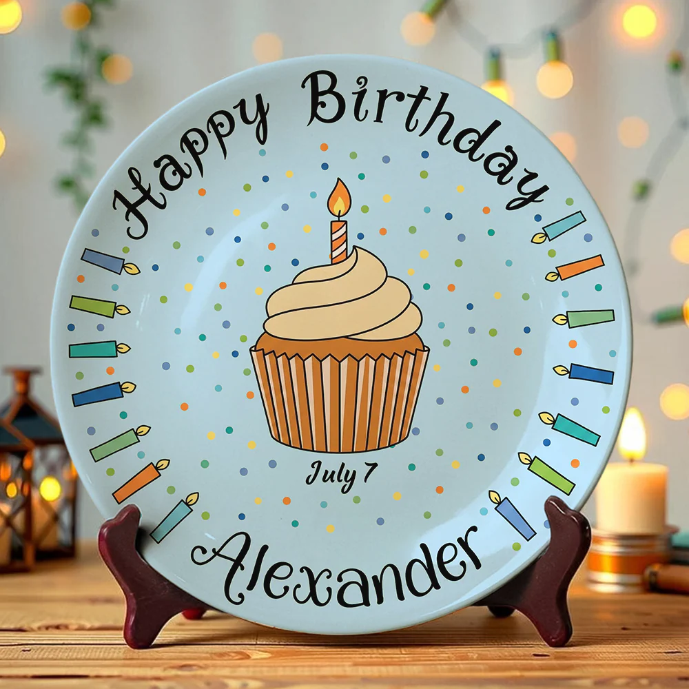 Custom Name Happy Birthday Cake & Candles Ceramic Plate - Personalized Birthday Gift LM32 669411 - Image 2