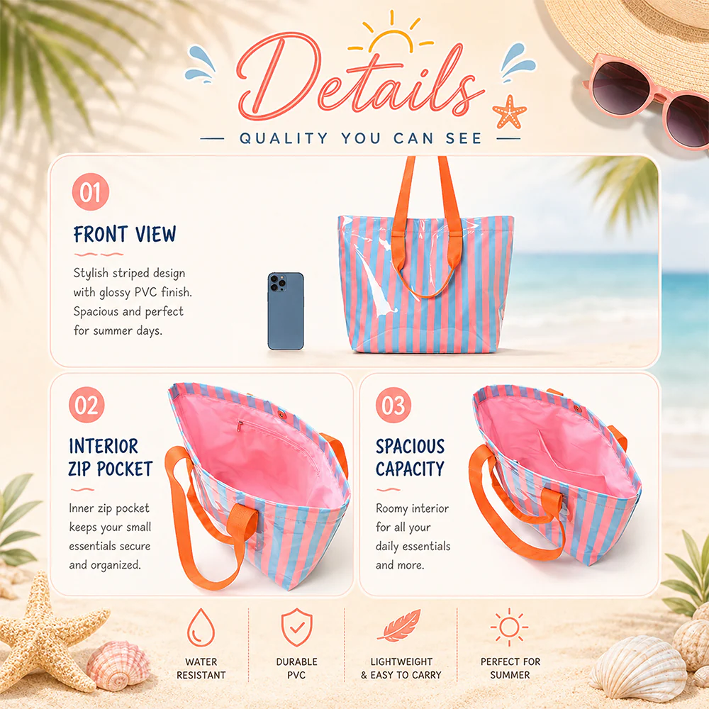 Custom Name Striped PVC Beach Tote Bag Personalized Summer Gift CH07 911862 - Image 8