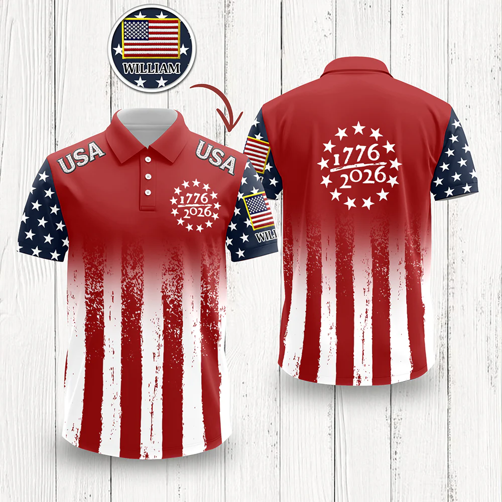 Custom Name USA 250 Years of Independence 1776–2026 American Flag Patriotic Polo Shirt HO82 902024 - Image 3
