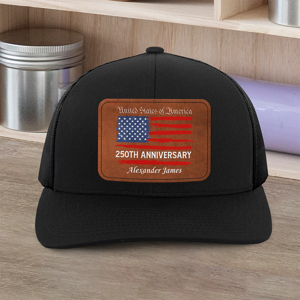 Custom Name USA 250th Anniversary America Flag Leather Patch Hat HO82 902306 - Image 2