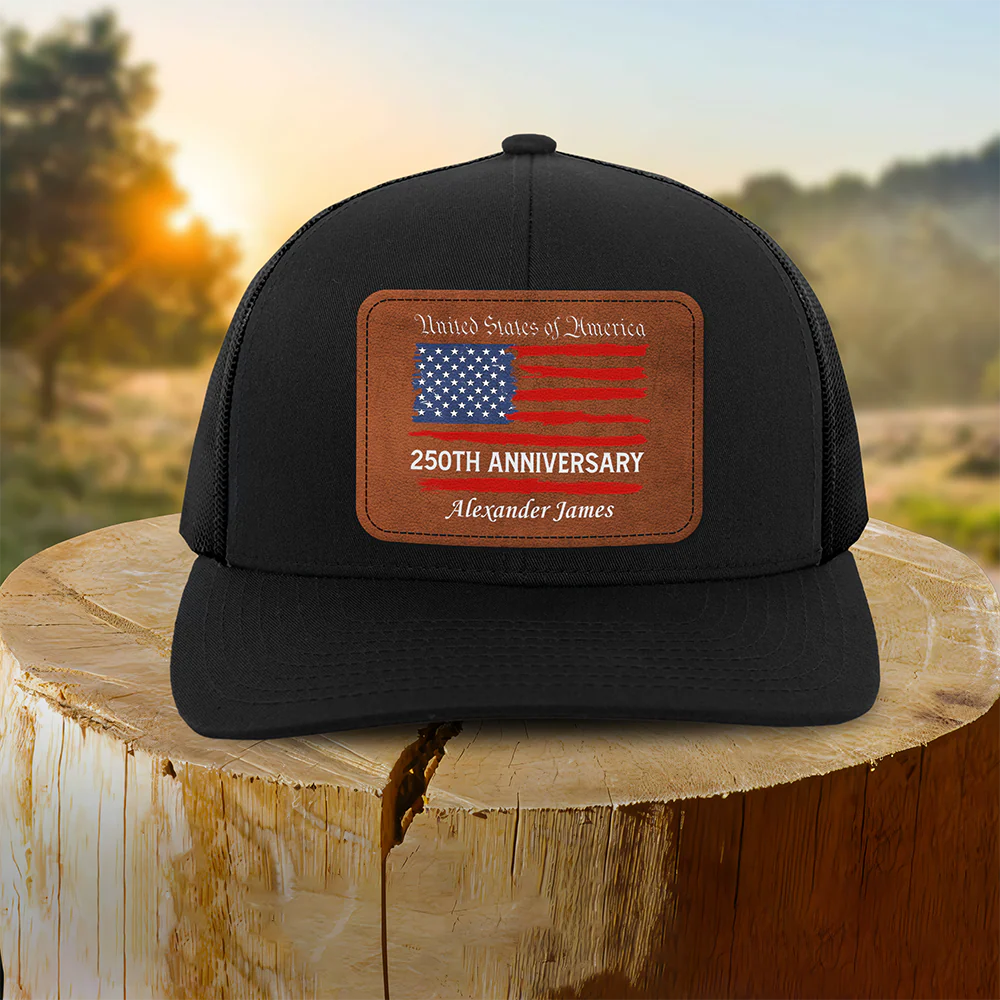 Custom Name USA 250th Anniversary America Flag Leather Patch Hat HO82 902306 - Image 5