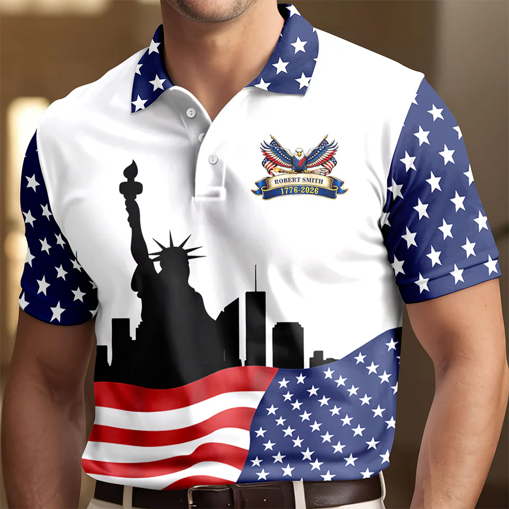 Custom Name USA 250th Anniversary American Flag Polo Shirt - Patriotic 1776–2026 Polo Gift for 4th of July LM32 899705 - Image 2