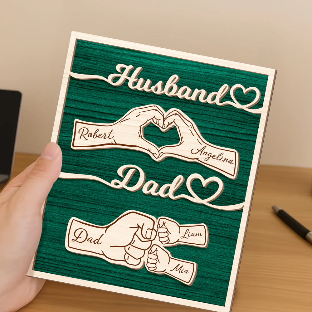 Custom Names Fist Bump Husband, Dad 2-Layered Wooden Plaque With Stand Gift For Dad, Husband HA75 921036 - Image 3