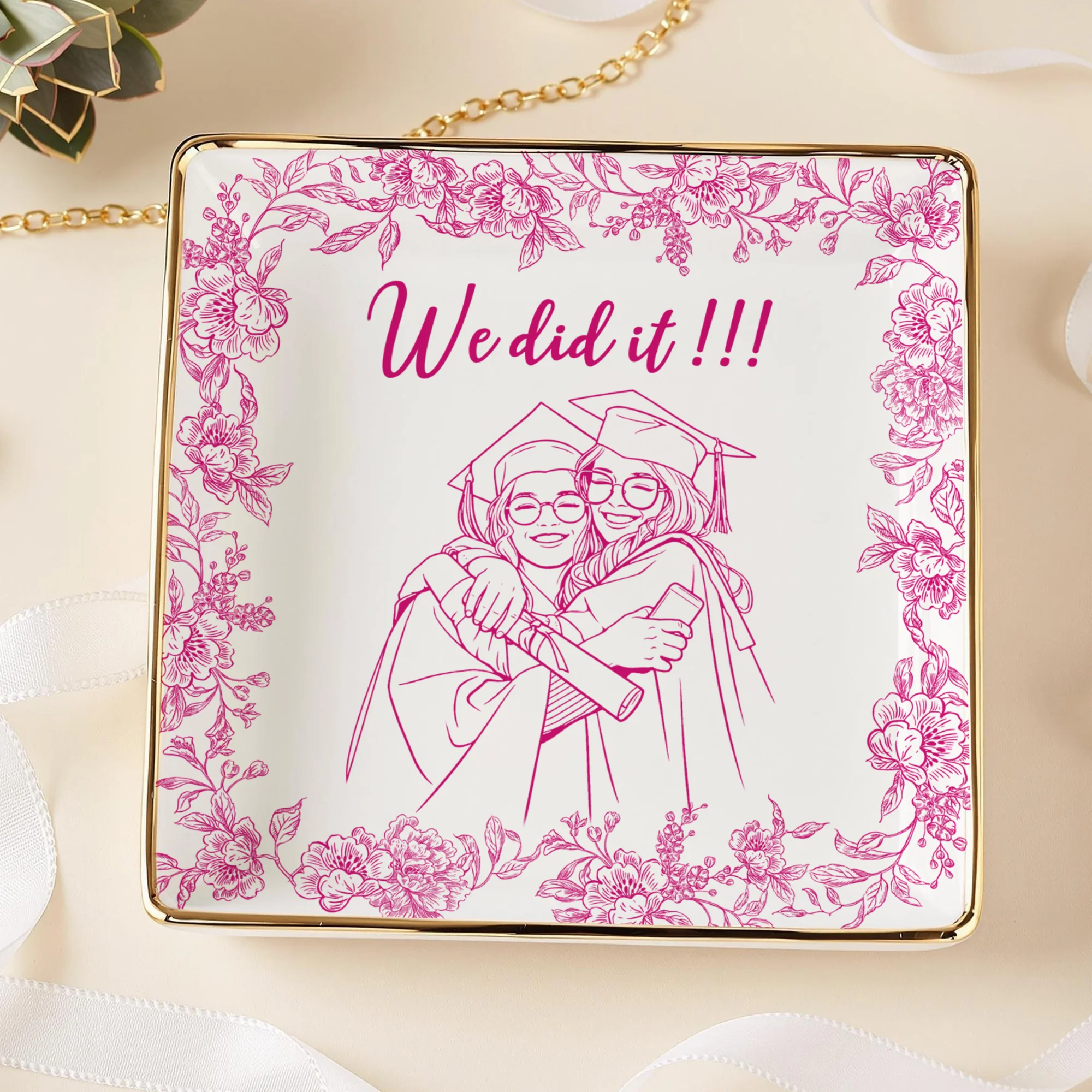 Custom Photo Best Friend Graduation Jewelry Dish, Personalized Toile Trinket Tray HO82 901612 - Image 3