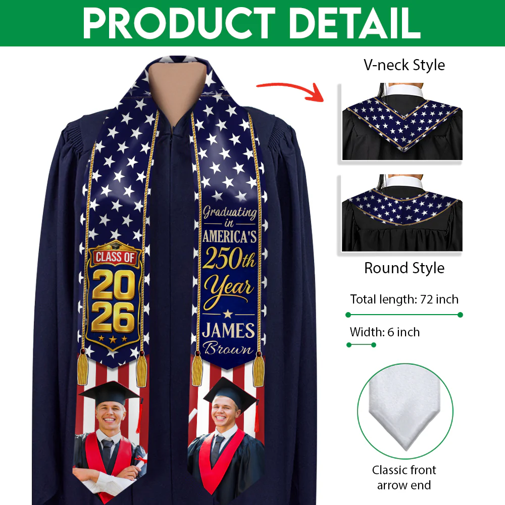 Custom Photo Class of 2026 Graduating in America’s 250th Year Patriotic Graduation Stole TH10 169199 - Image 3