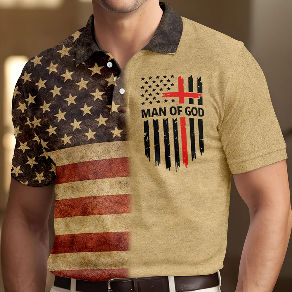 Man of God Patriotic Polo Shirt – American Flag Christian Faith Shirt for Men LM32 899599 - Image 2
