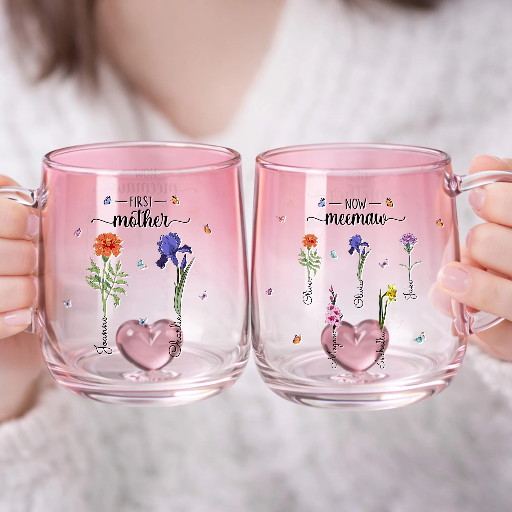 Personalized First Mom Now Grandma Birth Month Flowers Pink Gradient Glass Mug HO82 901796 - Image 3