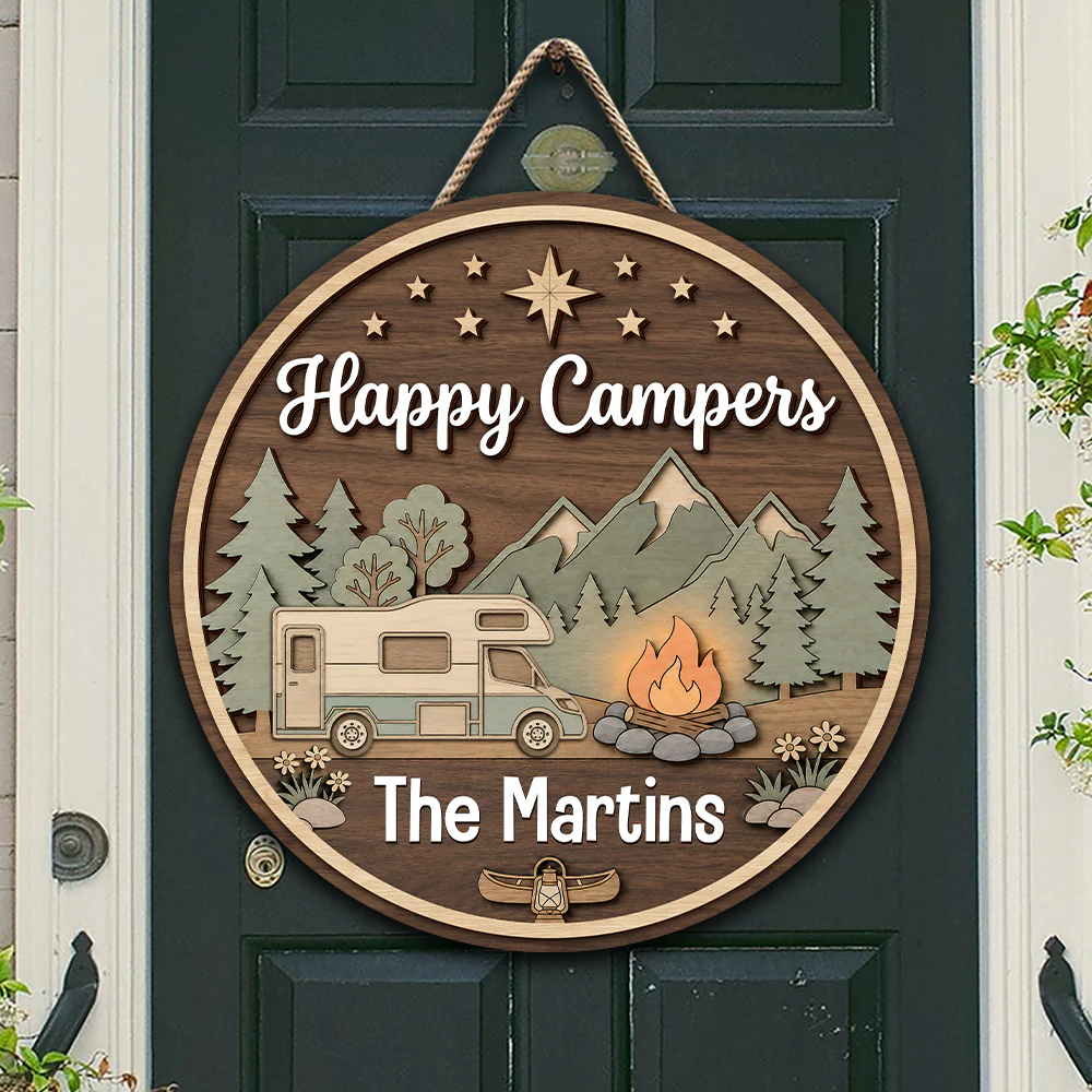 Personalized Happy Campers Camping 2-Layer Wooden Door Sign CH07 180030 - Image 3