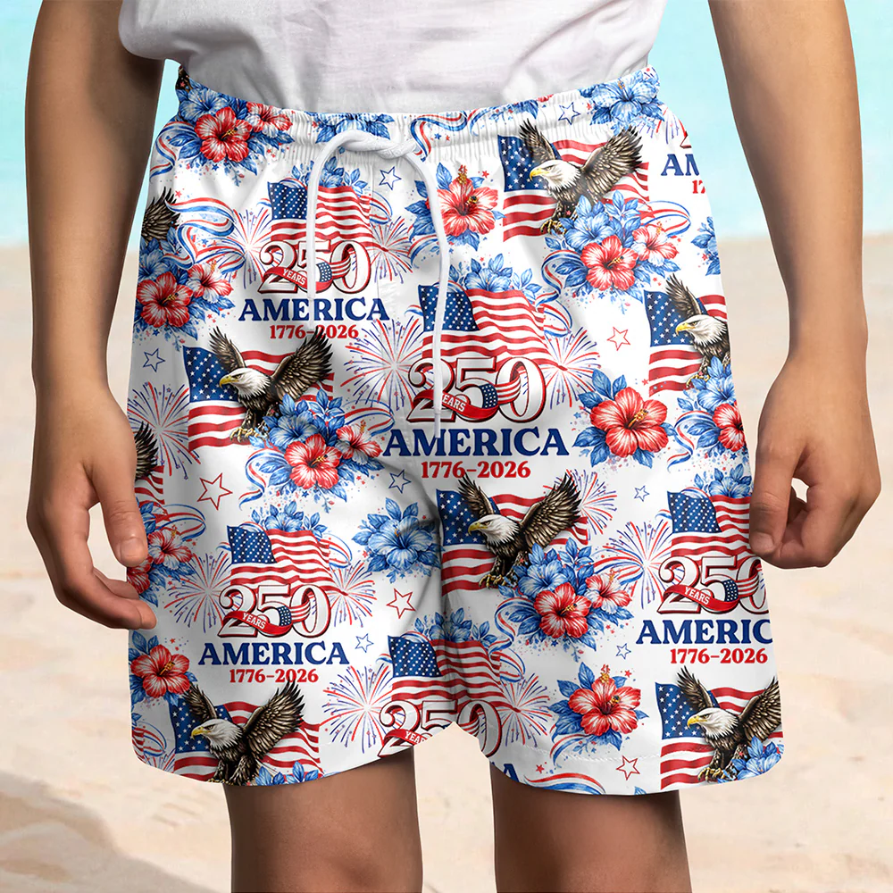 Personalized USA 250th Anniversary 1776–2026 Kids Beach Shorts – Patriotic Eagle Flag Gift for 4th of July TH10 169395 - Image 5
