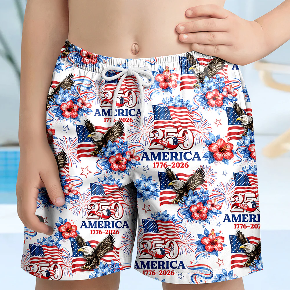 Personalized USA 250th Anniversary 1776–2026 Kids Beach Shorts – Patriotic Eagle Flag Gift for 4th of July TH10 169395 - Image 7