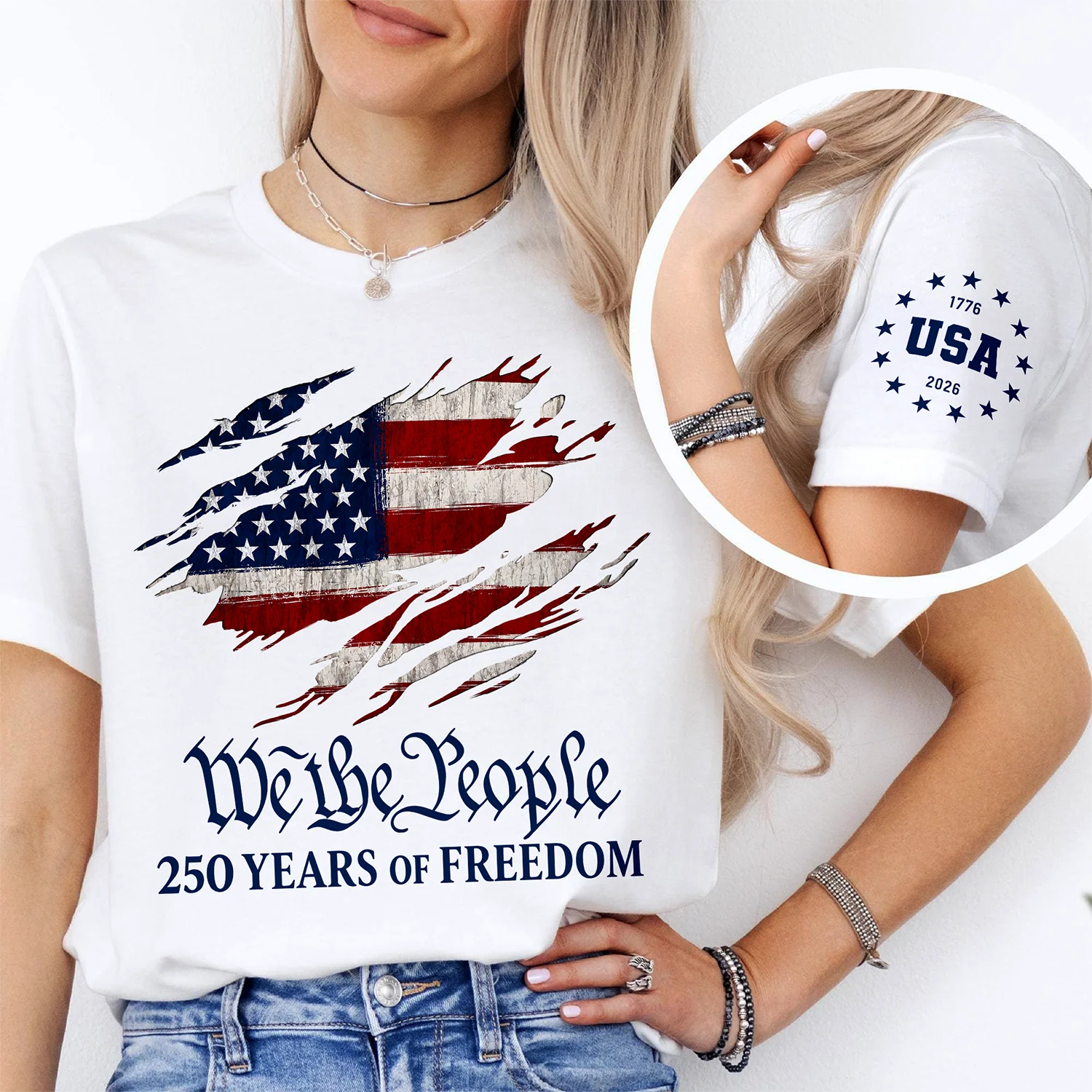 We The People 250 Years of Freedom 1776-2026 America Flag Sleeve Tee Shirt - Patriotic Gift LM32 669353 - Image 3