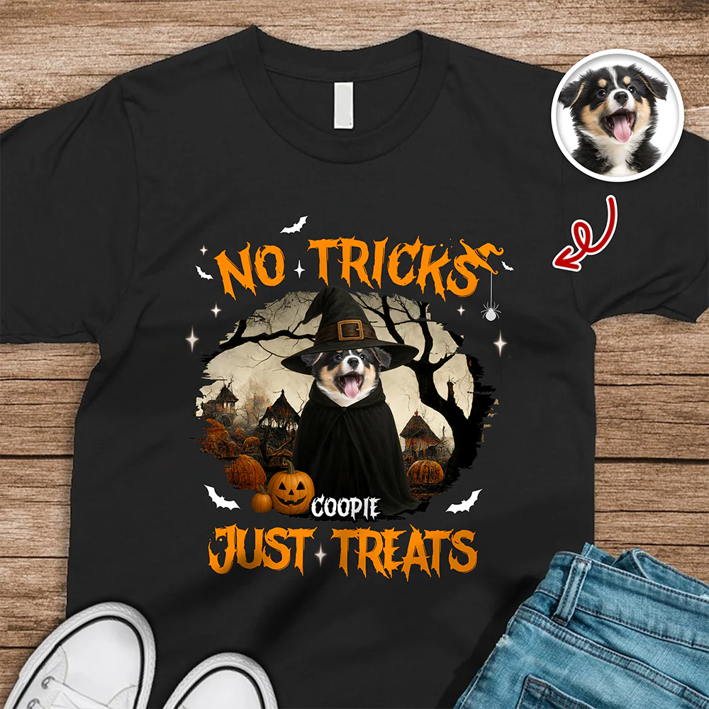 No Tricks Just Treats Custom Halloween Dog Photo Dark Shirt CH07 899450 - Image 4