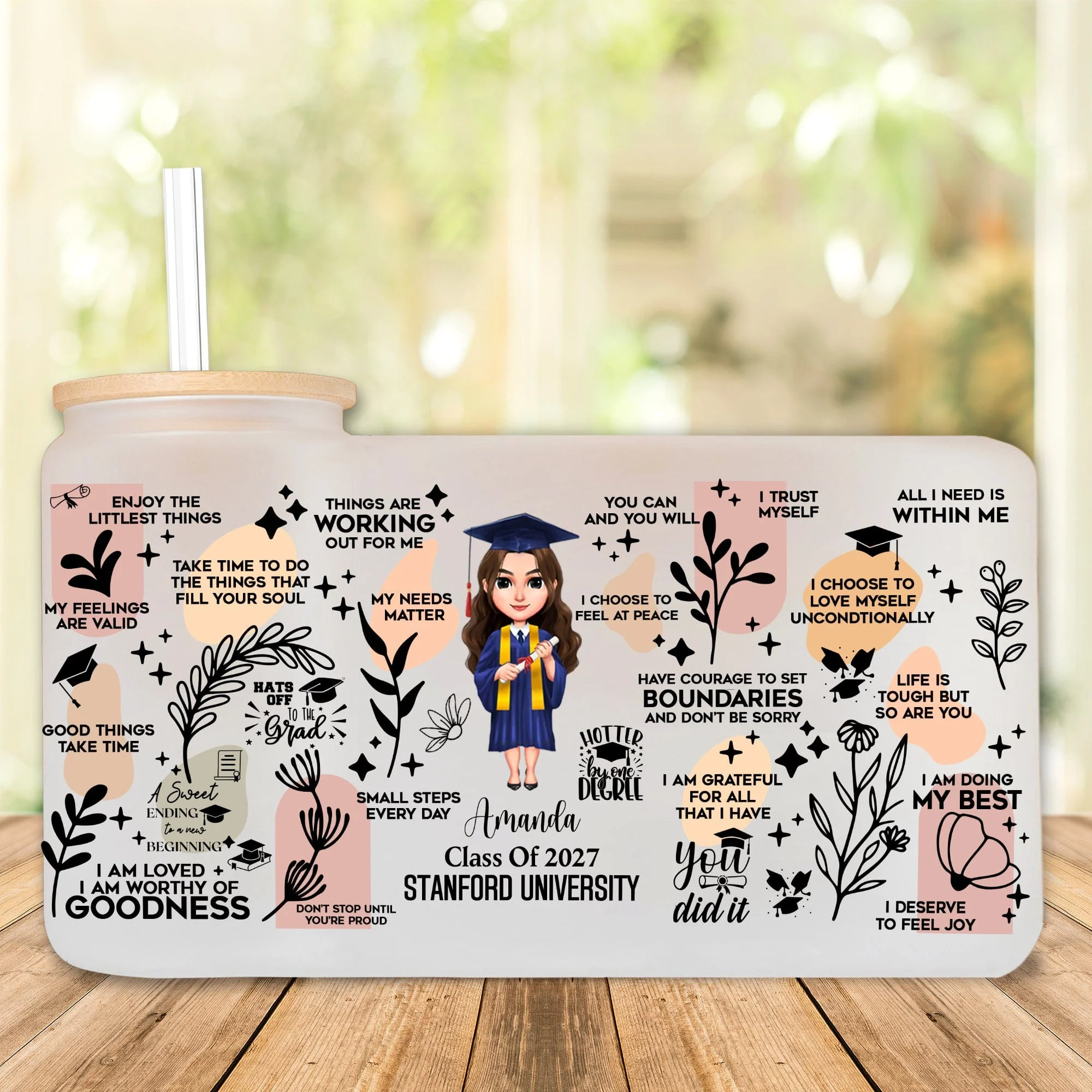 Class Of 2025 Chibi Graduation Daily Reminders Glass Can With Lid Personalized Gift T368 890120 - Image 4