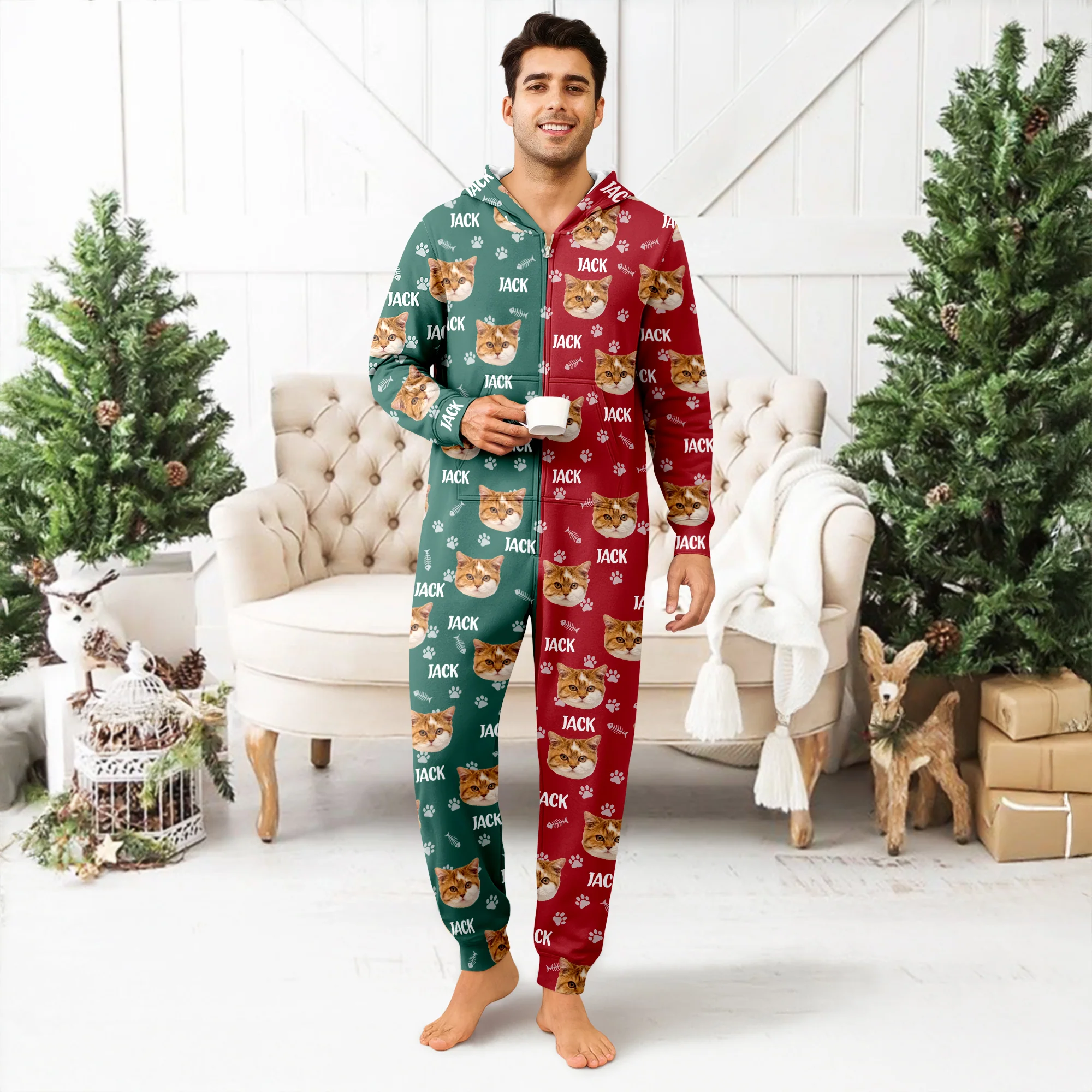 Custom Cat Face Photo Red Green Onesie Pajamas HO82 900384 - Image 3