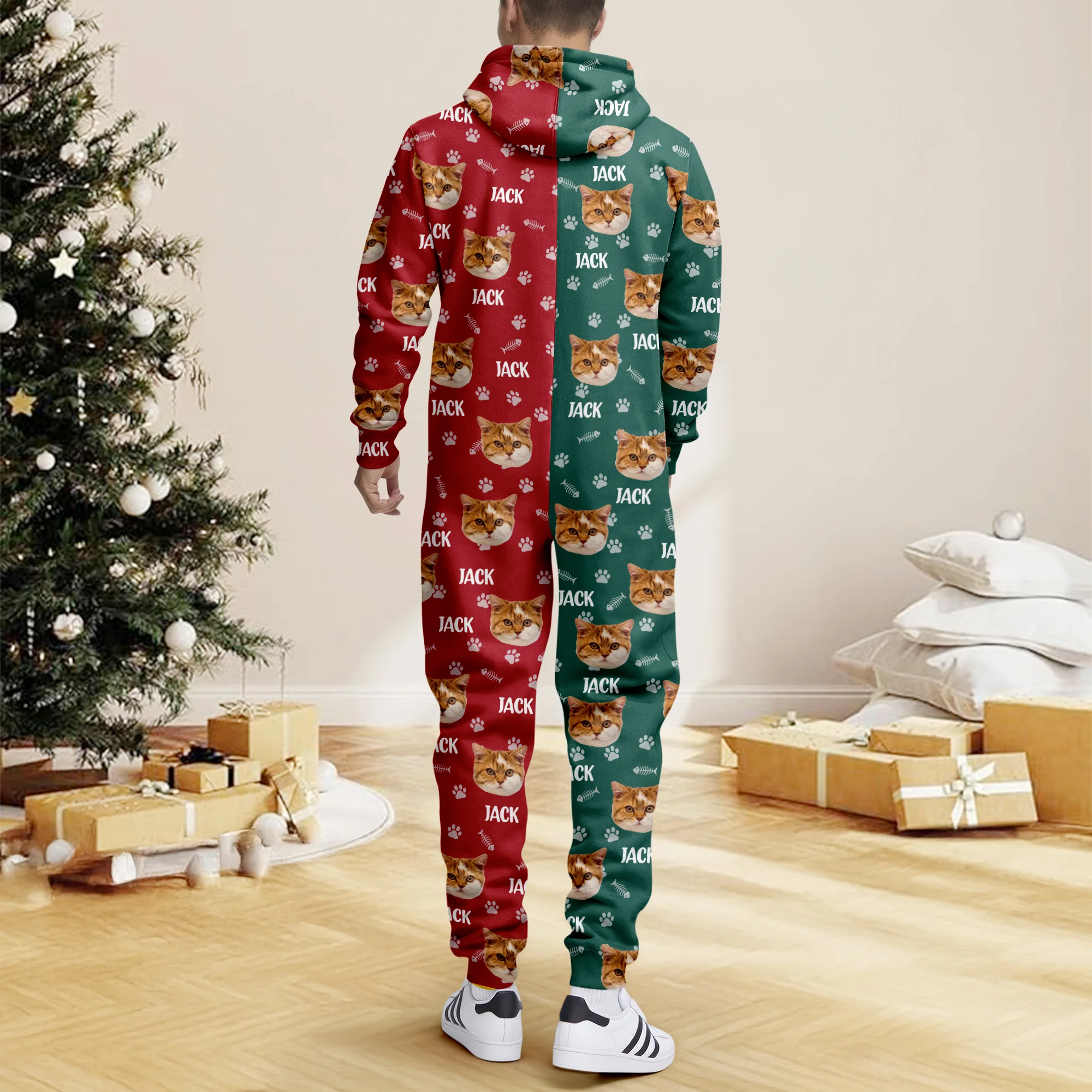 Custom Cat Face Photo Red Green Onesie Pajamas HO82 900384 - Image 6