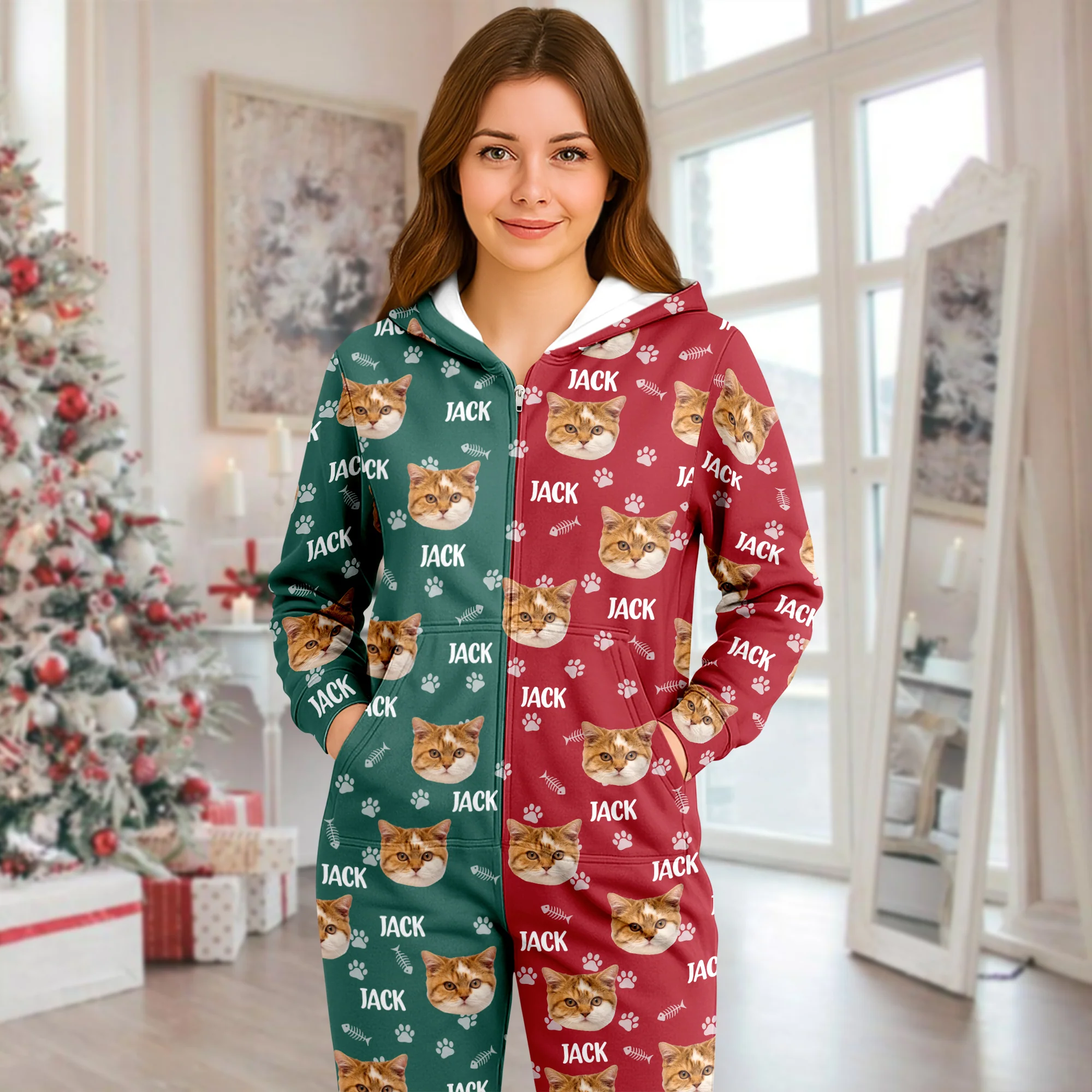 Custom Cat Face Photo Red Green Onesie Pajamas HO82 900384 - Image 8