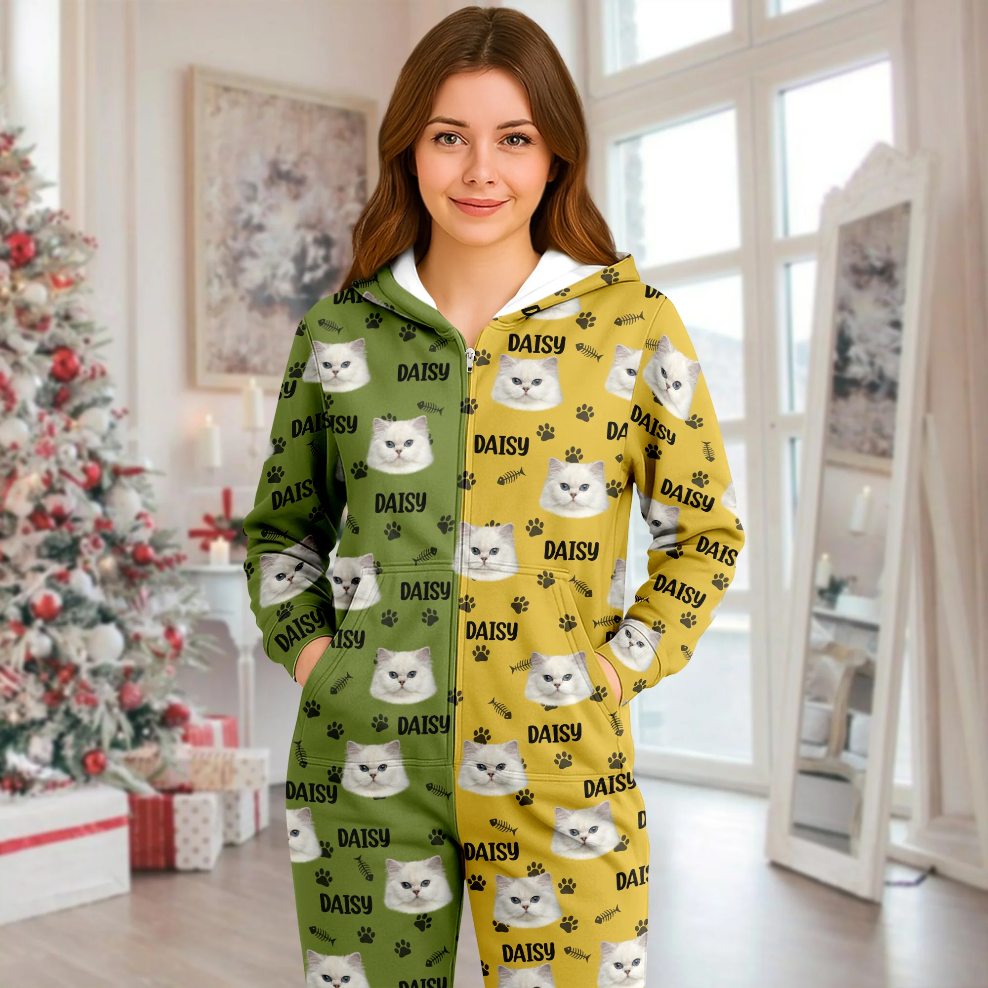 Custom Cat Face Photo Red Green Onesie Pajamas HO82 900384 - Image 9