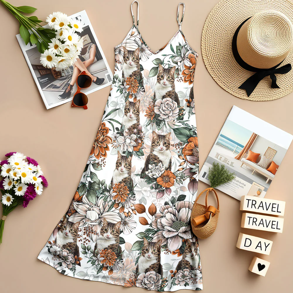 Custom Cat Photo Floral Style Women's V-Neck Cami Maxi Dress HO82 893600 - Image 9